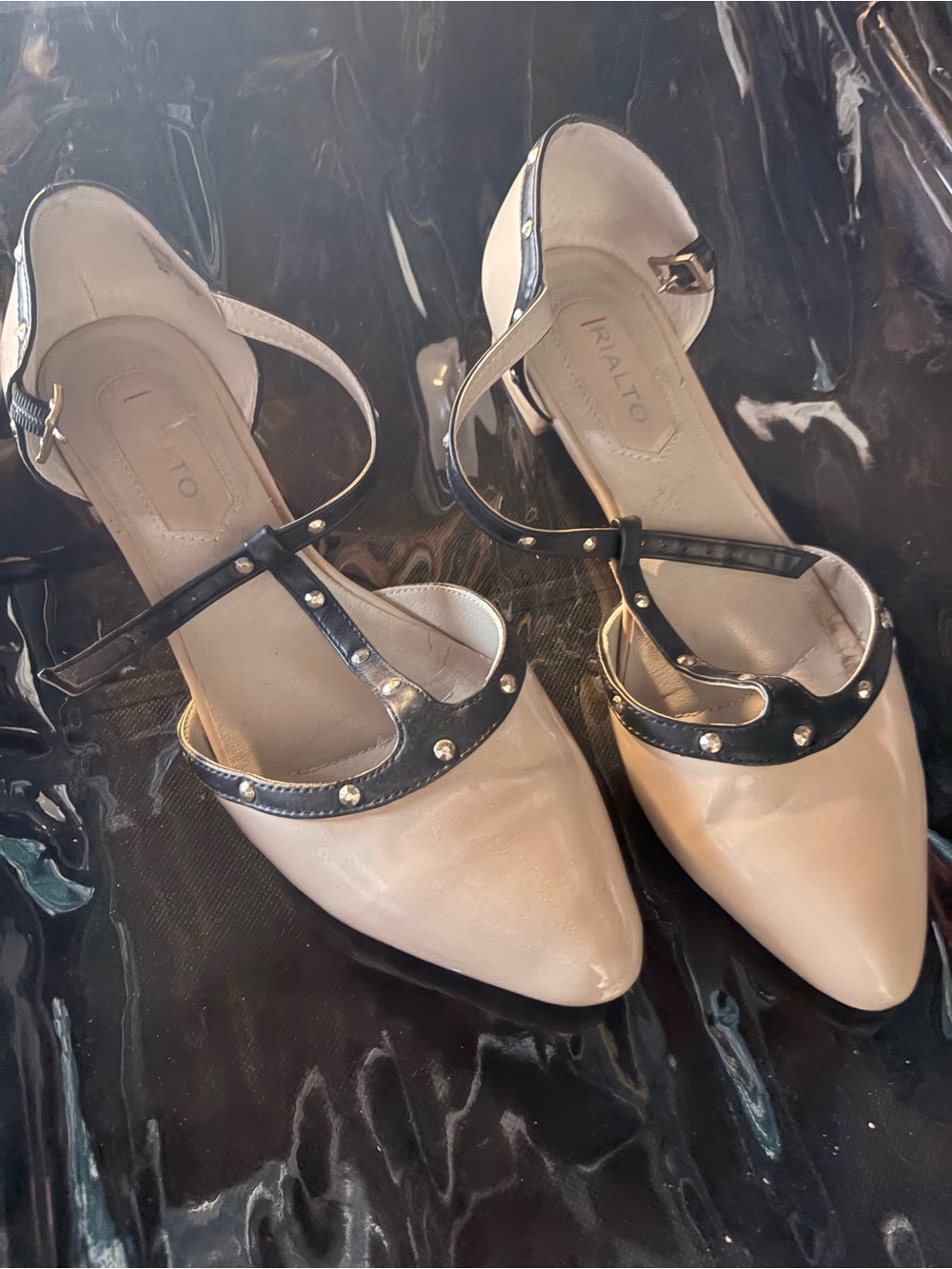 Rialto Nude and Black Pointed-Toe T-Strap Flats with Stud Trim